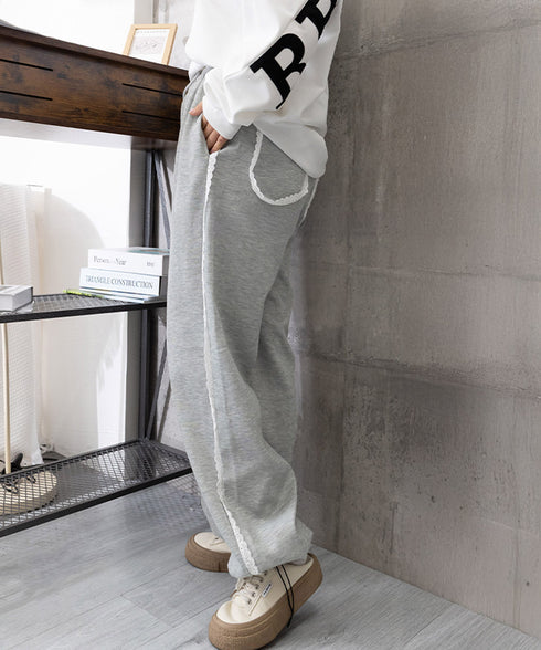 スウェットパンツサイドレースラインパンツ レディース ハイウエスト リラックスパンツ ウエストゴム ワイドパンツ ゆったり イージーパンツ 体型カバー ズボン秋冬 24BDMS-017